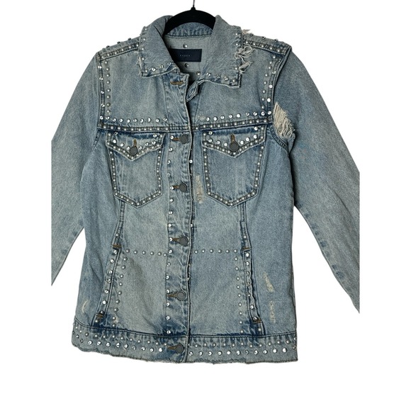 BLANKNYC Denim Jacket Womens XS Blue Studded Pearl Distressed Star Oversized - Picture 1 of 10